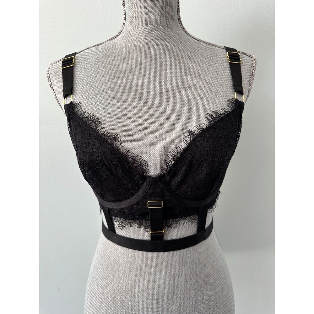 NWT Hustler Lingerie x Playful Promises Pamela Black Lace Cage Bra size 36C